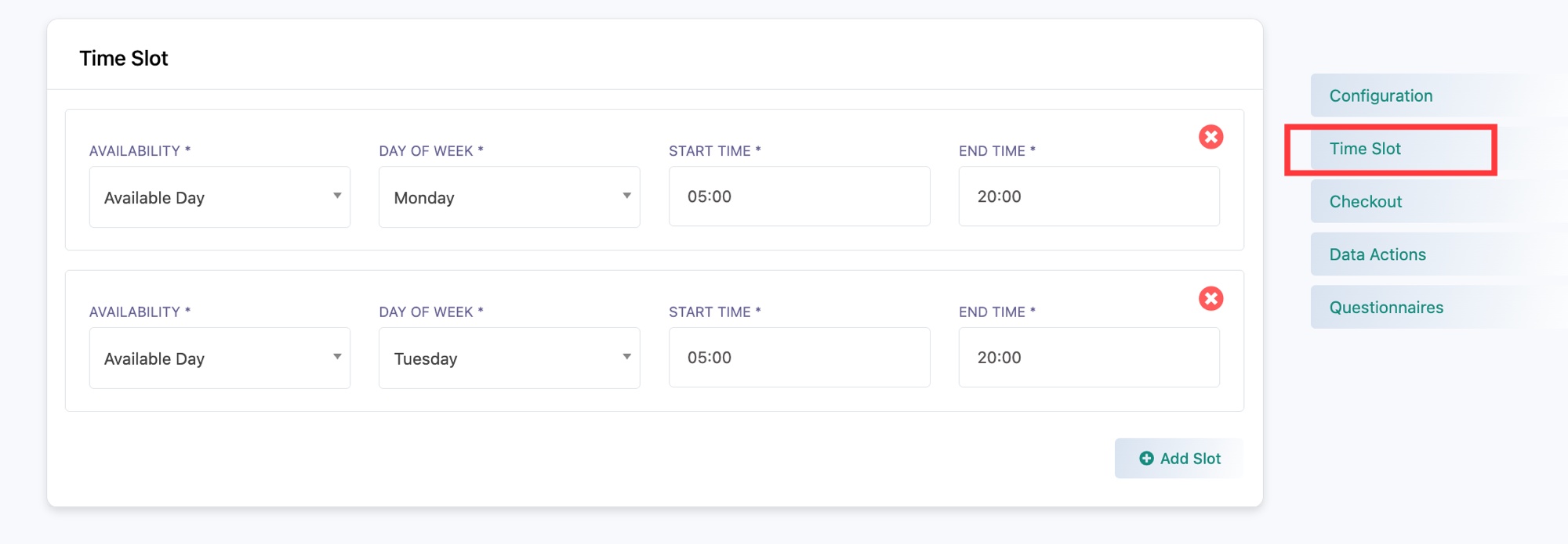 La sección Time Slot con filas de disponibilidad para Monday y Tuesday