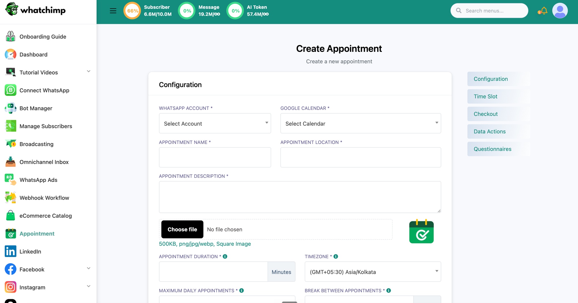 La sección Configuration del formulario Create Appointment
