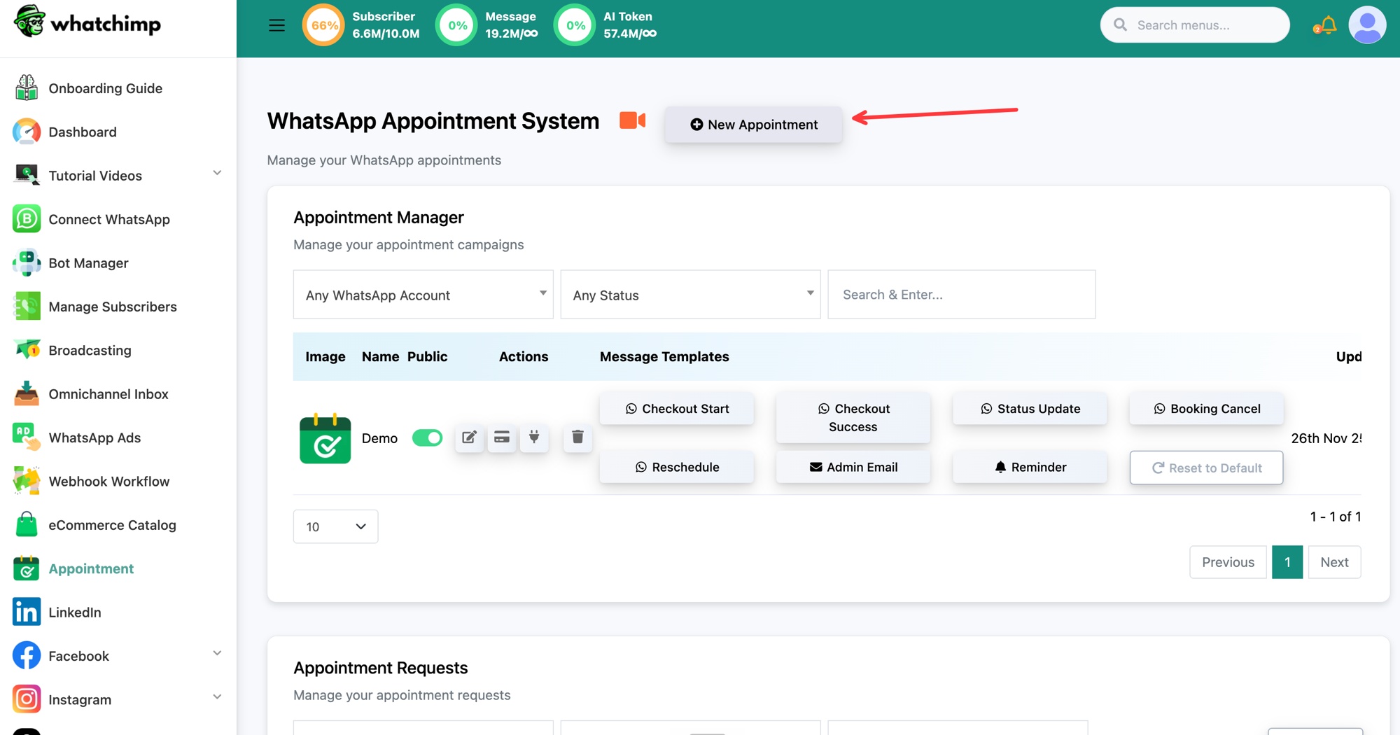 La página WhatsApp Appointment System con el botón New Appointment