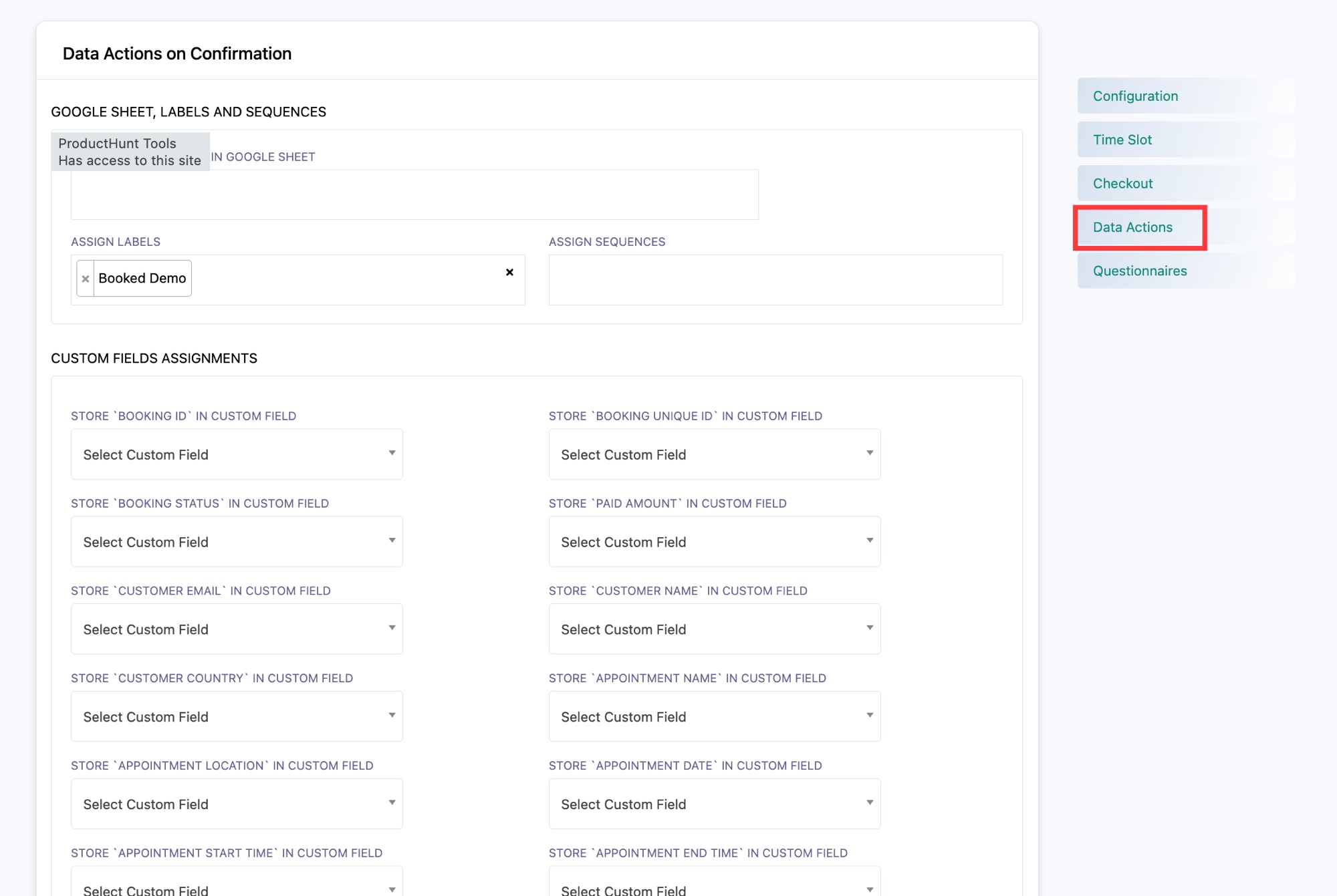 La sección Data Actions on Confirmation con Google Sheet, etiquetas, secuencias y mapeo de campos personalizados