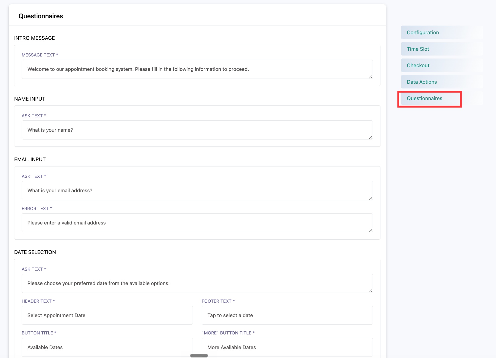 La sección Questionnaires con el mensaje de intro, el name input y el email input