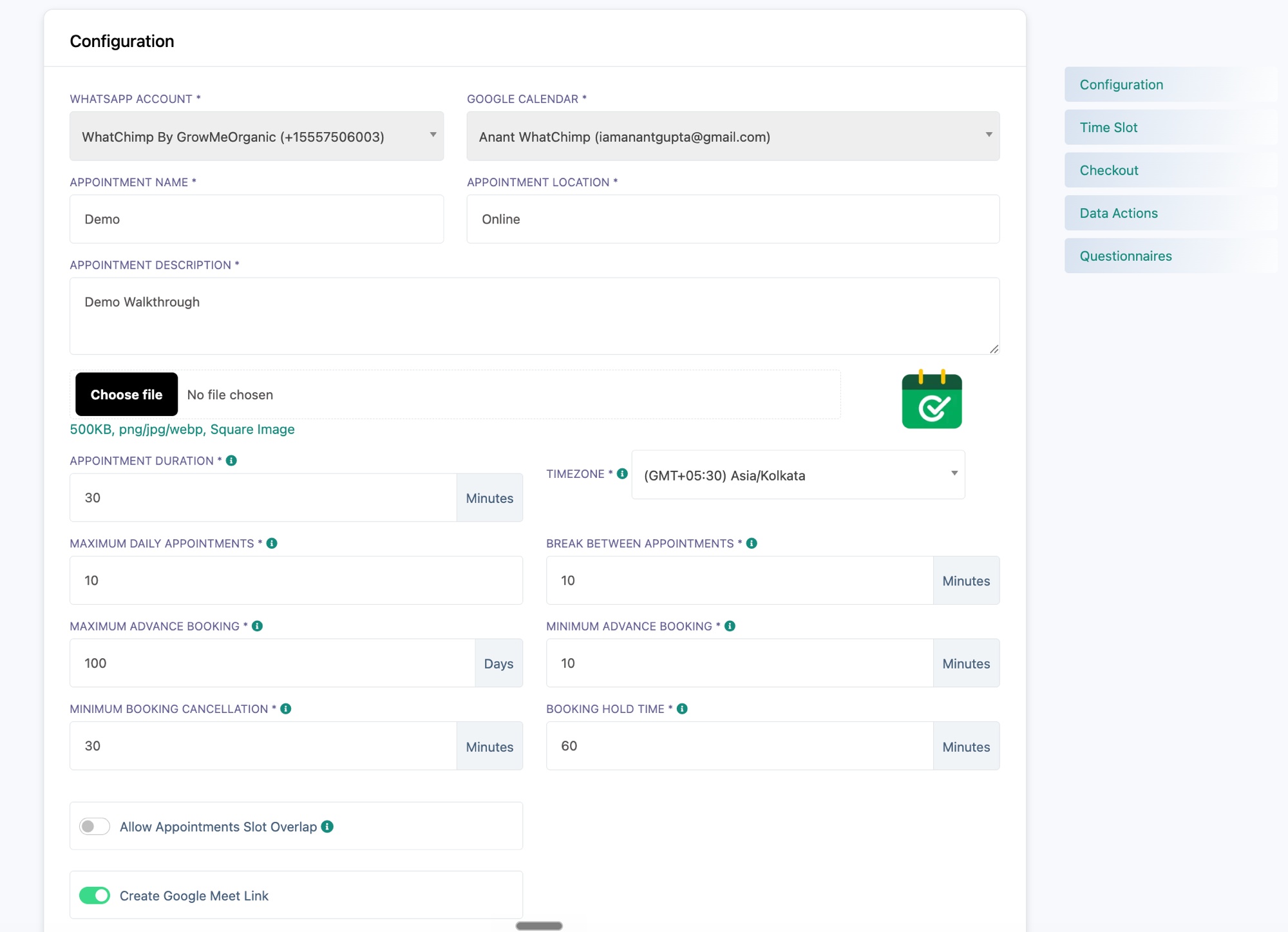 Los campos de tiempo de Configuration completados