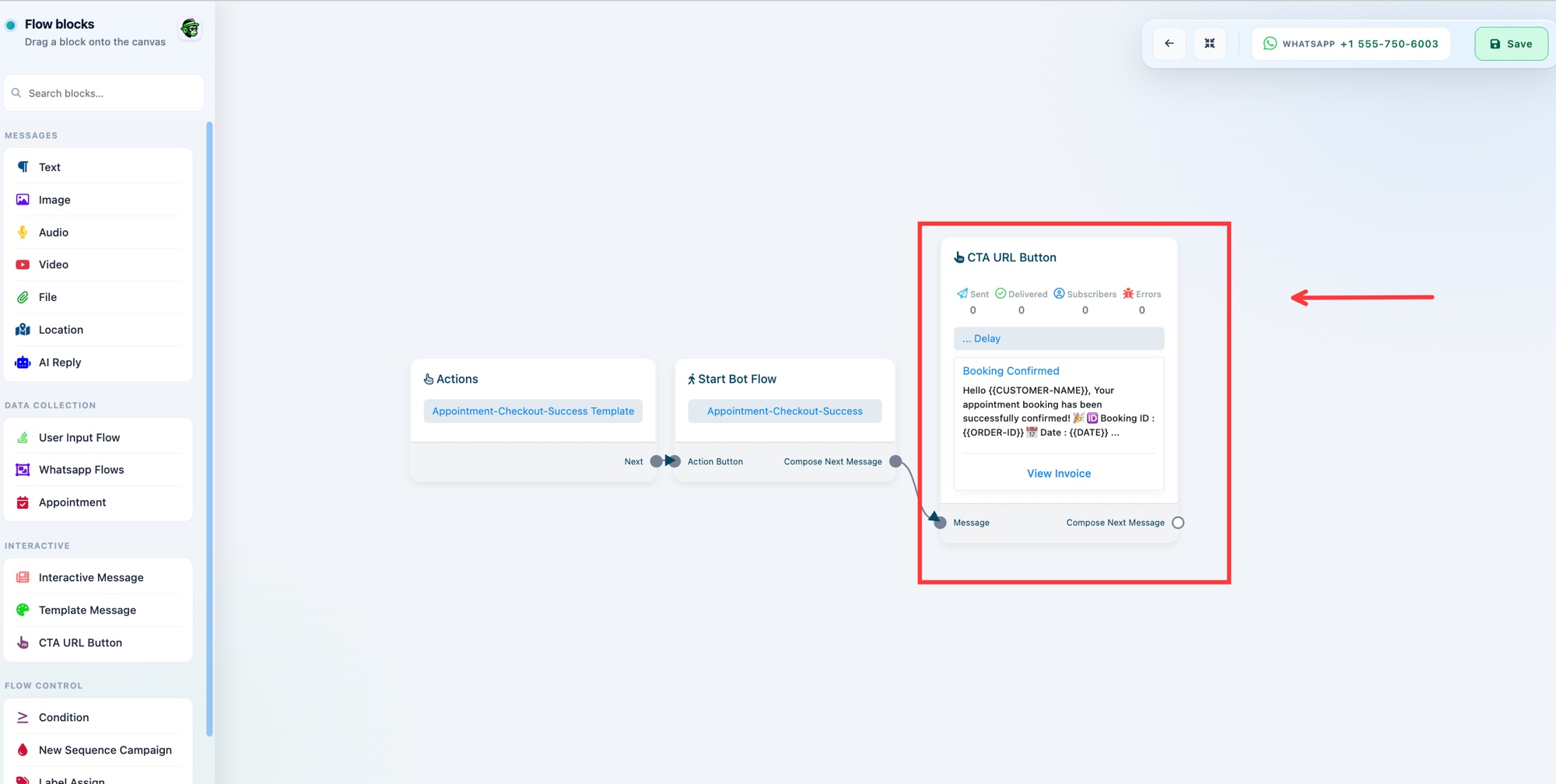 flow الخاص بـ Checkout Success مع node الخاص بـ CTA URL Button