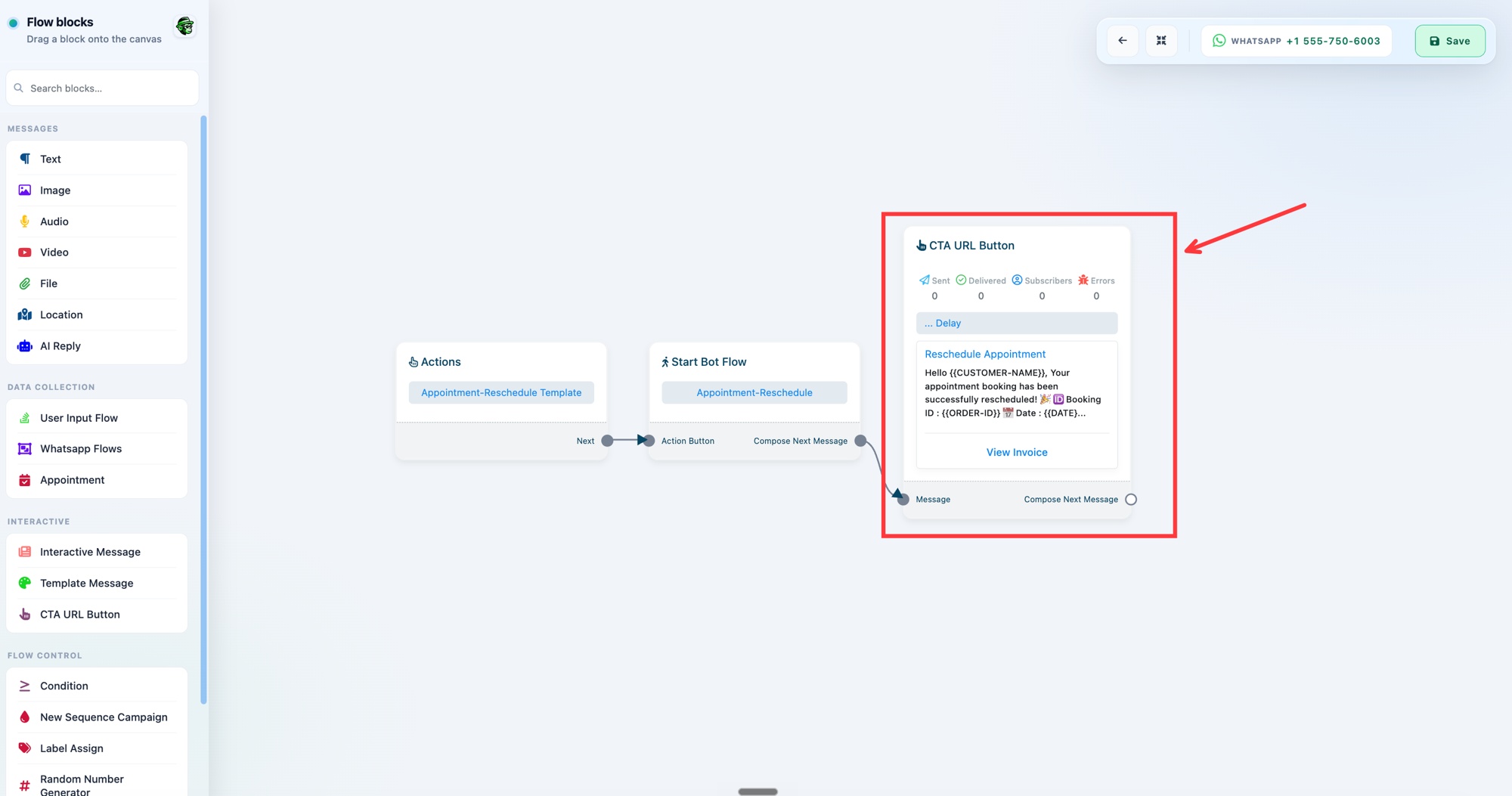 flow الخاص بـ Reschedule مع node الخاص بـ CTA URL Button