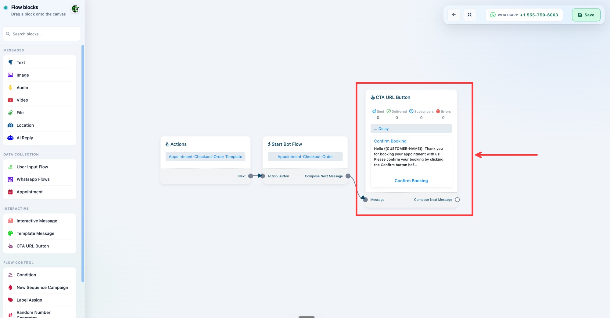flow الخاص بـ Checkout Start مع node الخاص بـ CTA URL Button