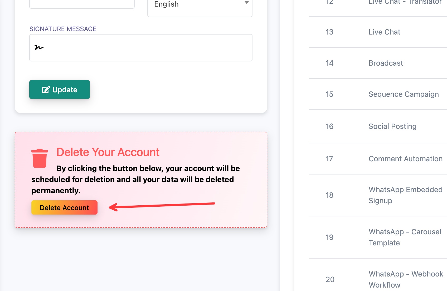 The Delete Your Account section with the Delete Account button