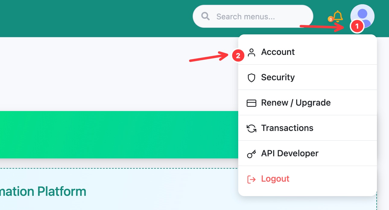 The profile menu open with the Account option highlighted
