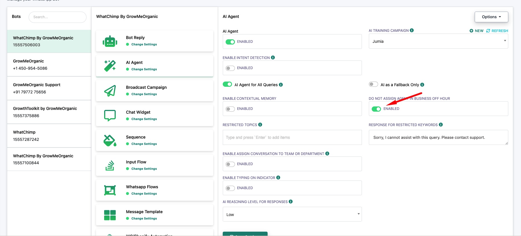 Do Not Assign Agent in Business Off Hour toggle enabled