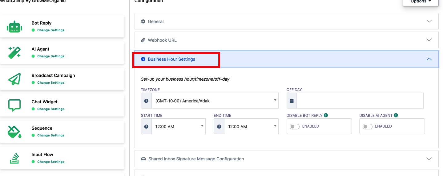 Business Hour Settings — timezone, off days, start/end time, disable toggles
