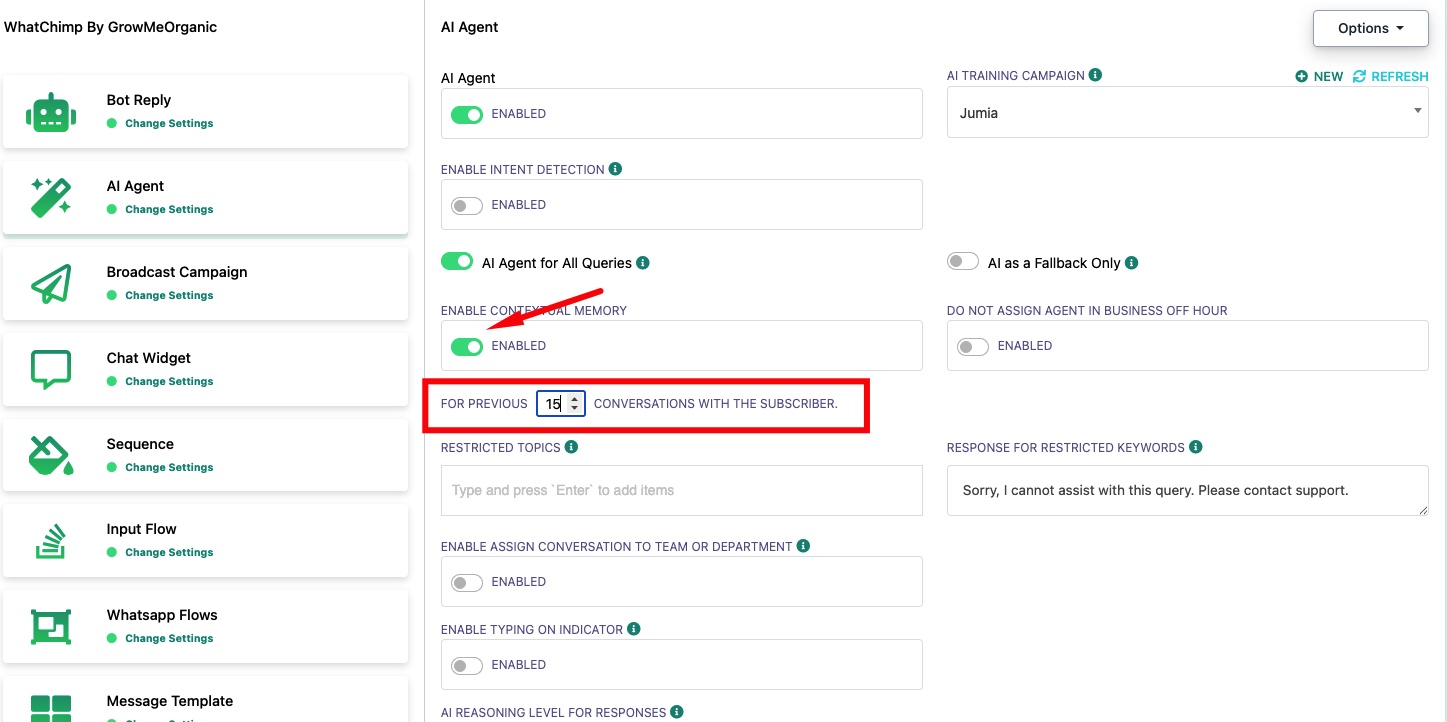 Contextual Memory enabled — remembers previous 18 conversations