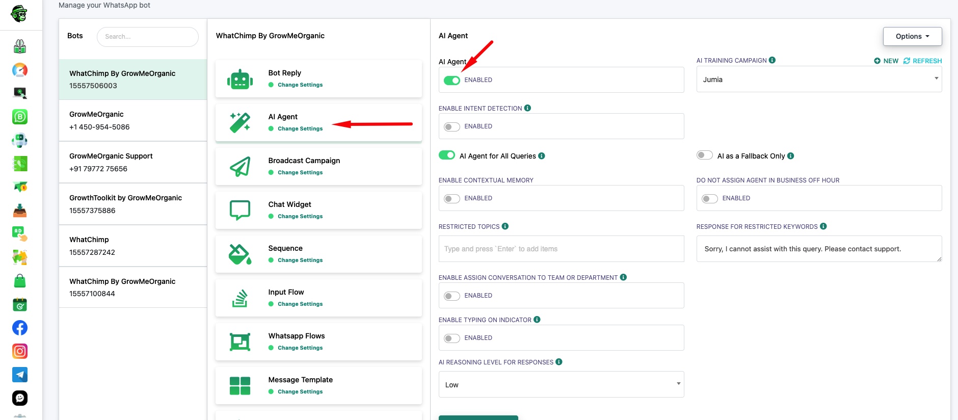 AI Agent settings panel in Bot Manager