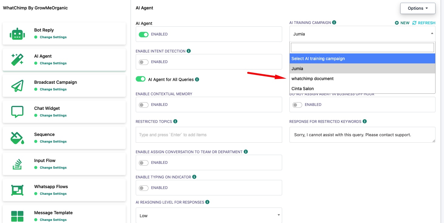 Select AI Training Campaign from the dropdown