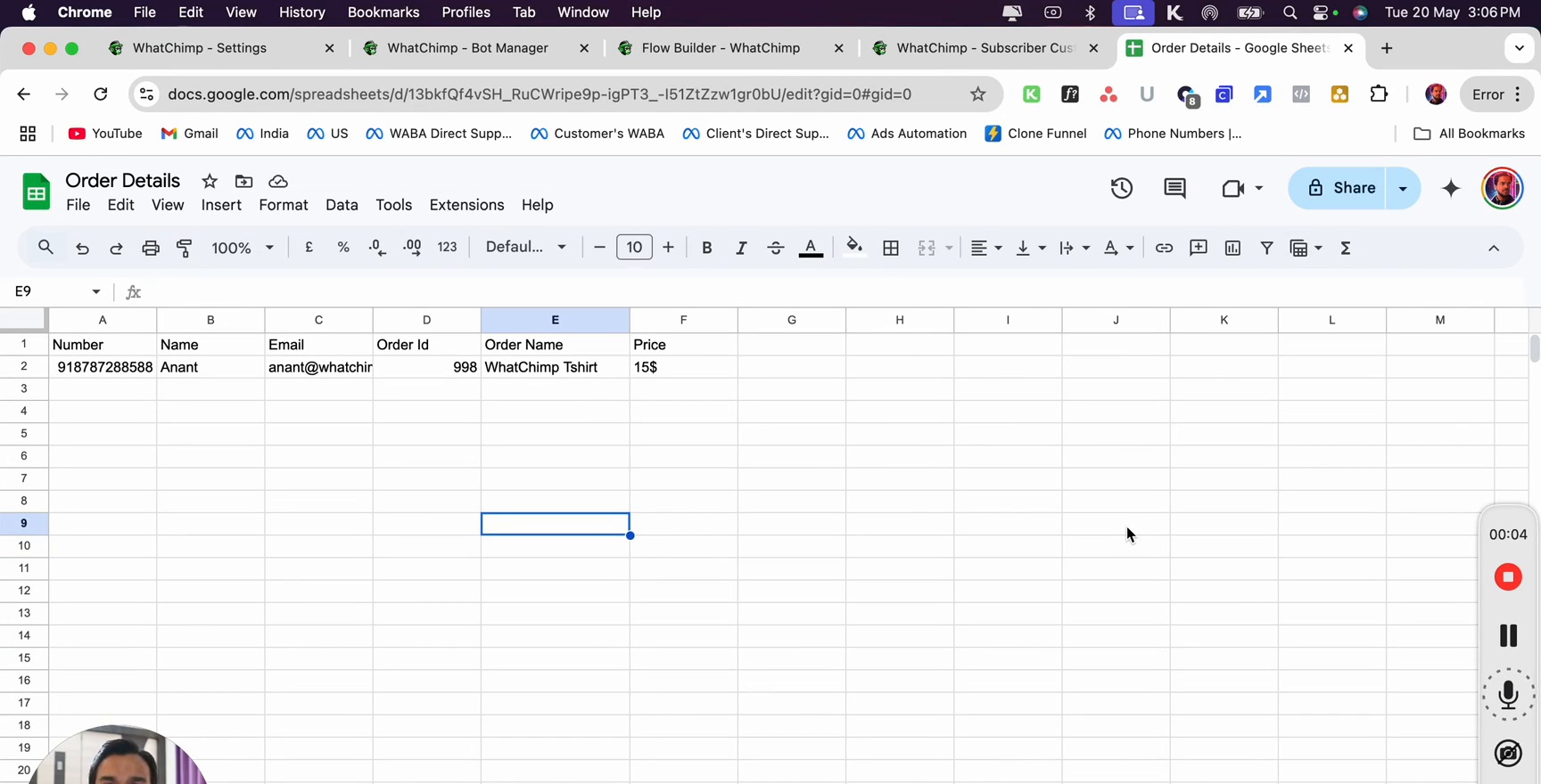Google Sheet with order data