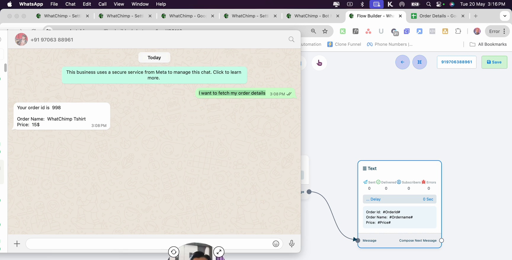 WhatsApp test showing fetched order details