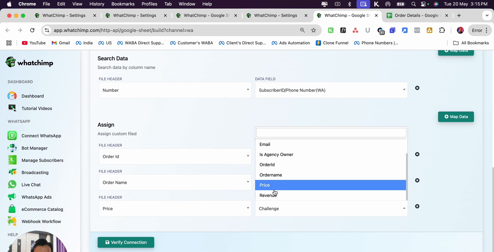 Assign field dropdown showing custom fields