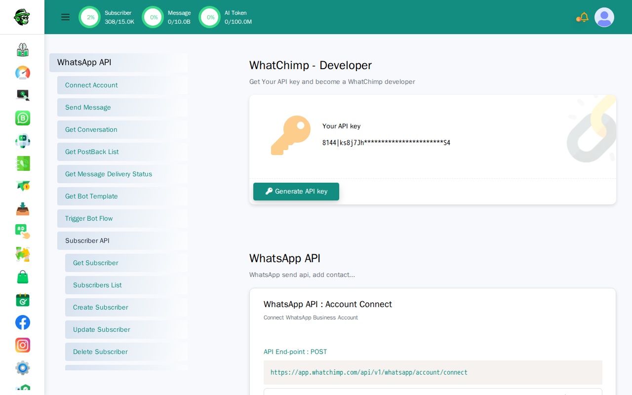 WhatChimp API Developer Console showing the endpoint sidebar with all available API endpoints