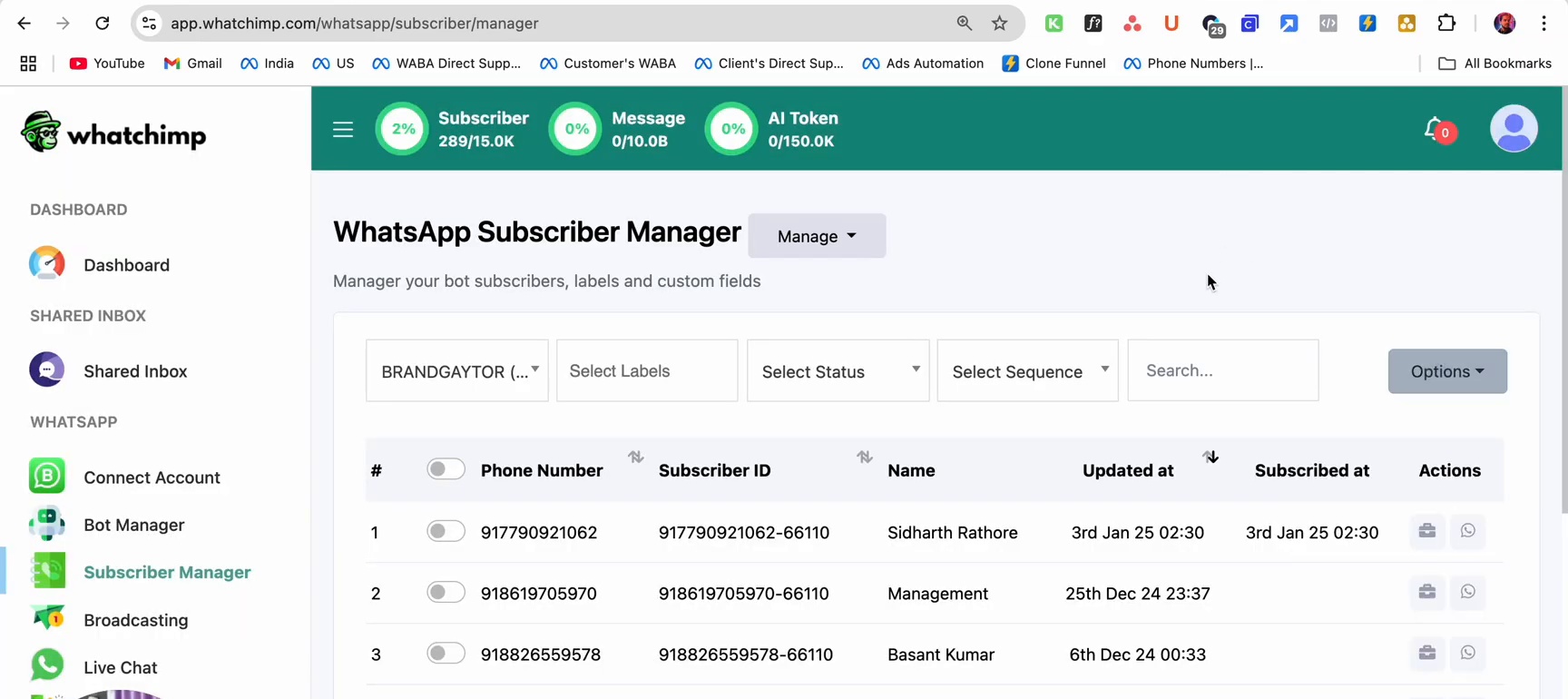 Subscriber Manager with imported contacts