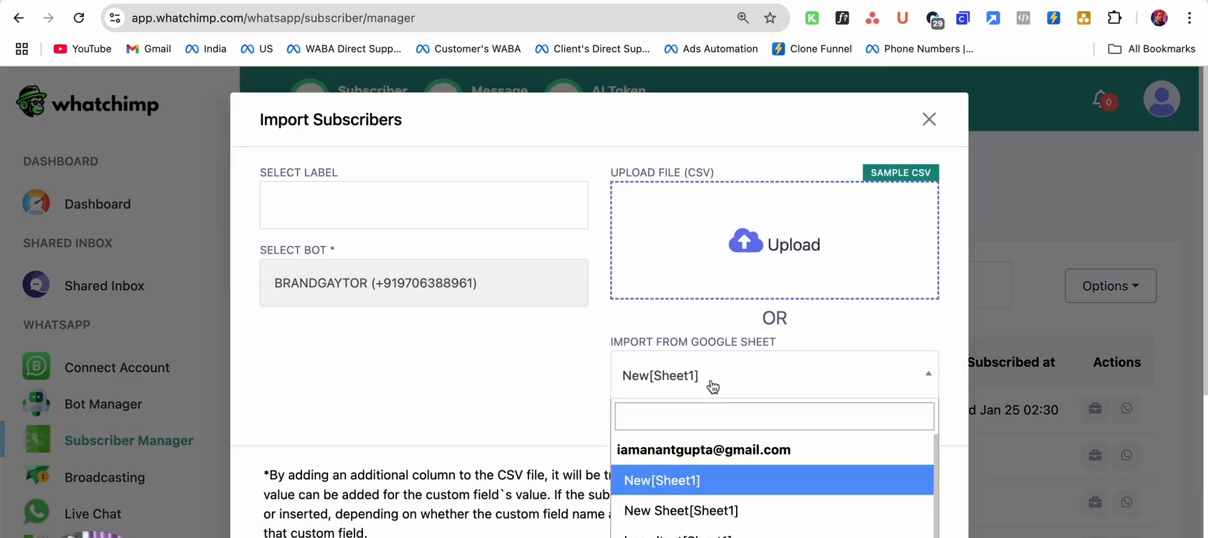 Import dialog with Google Sheet selection