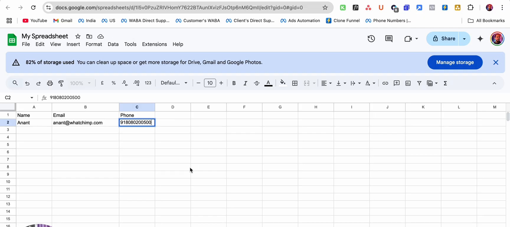 Google Sheet with contact data