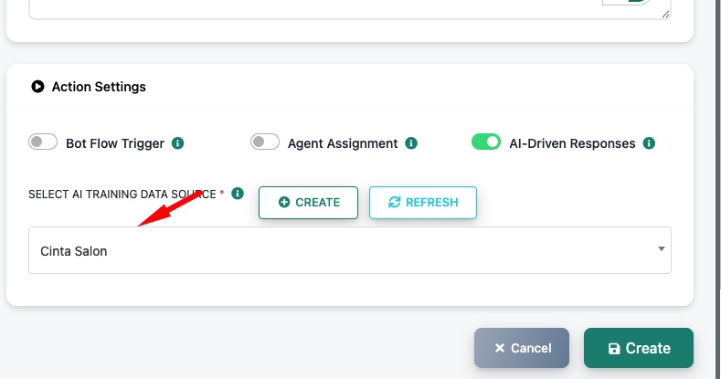 AI-Driven Responses enabled — select a different AI Training Data Source
