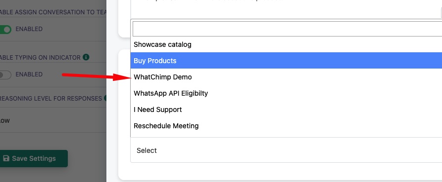 Bot flow dropdown showing available flows — Showcase catalog, Buy Products, WhatChimp Demo, etc.