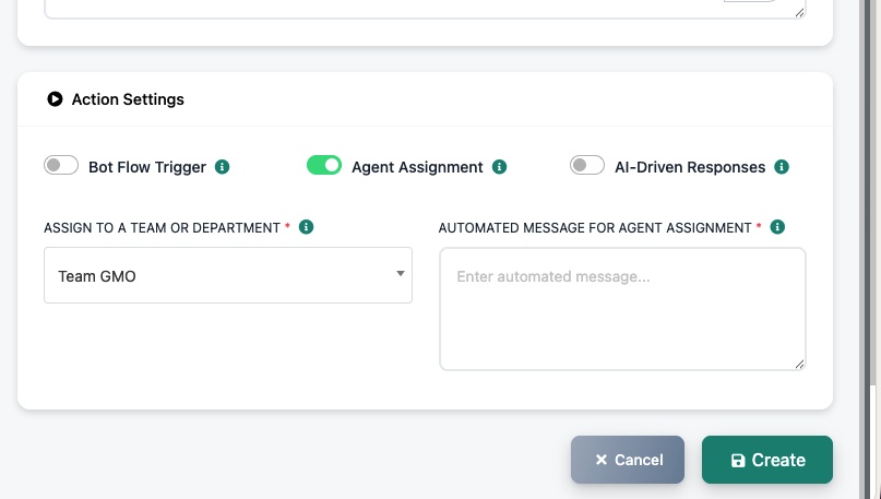 Agent Assignment enabled — select team and set automated message