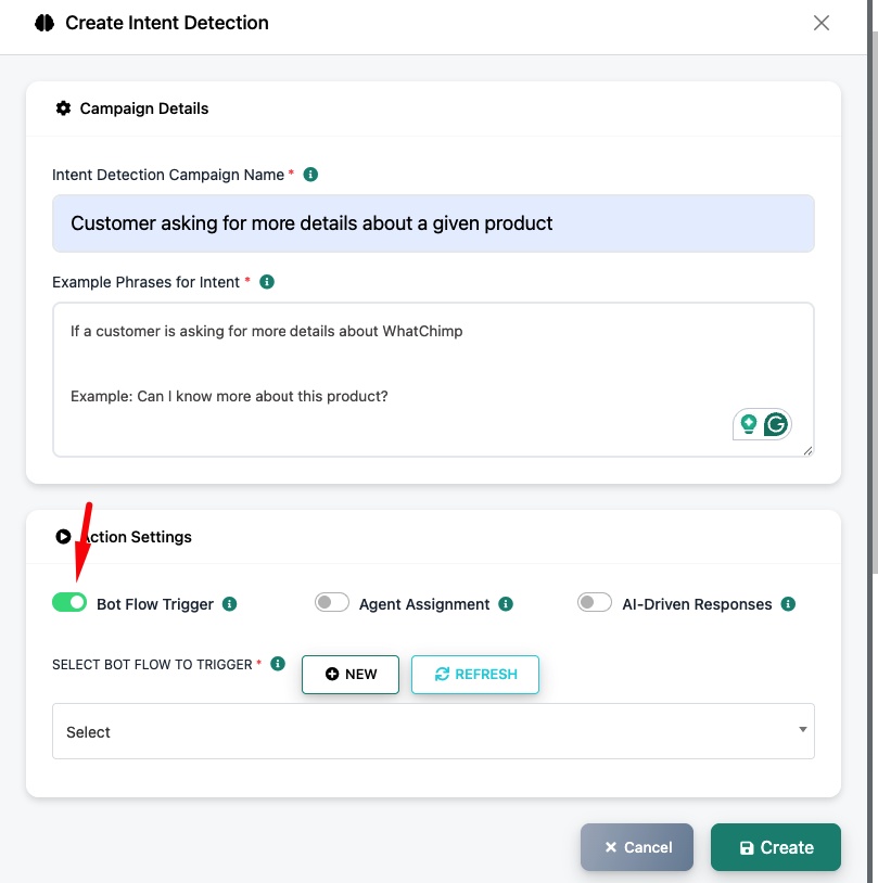 Bot Flow Trigger enabled — select a bot flow from the dropdown