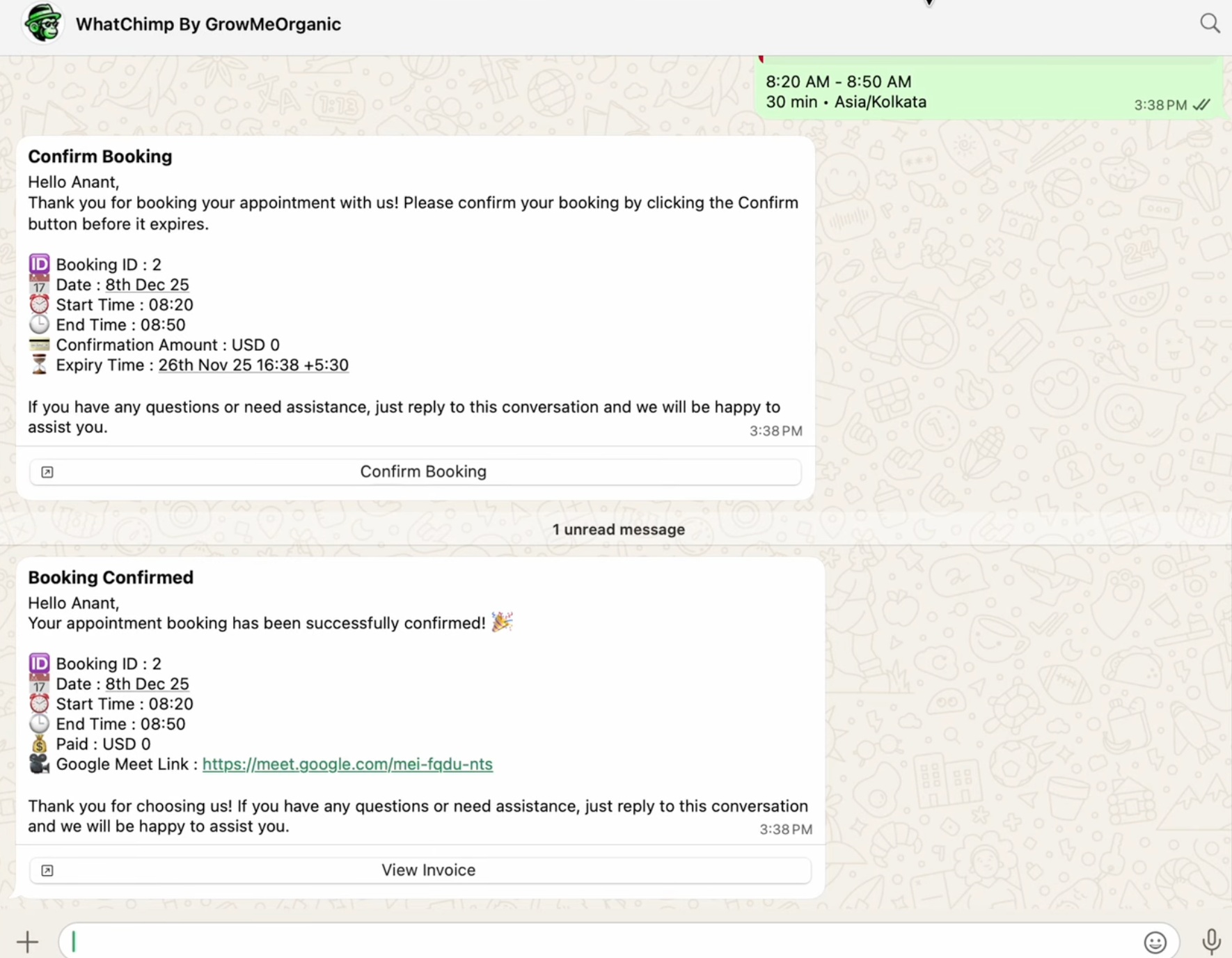 The Confirm Booking card and the Booking Confirmed message with a Google Meet link