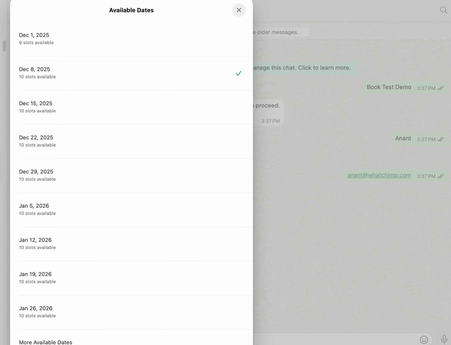 The Available Dates list inside WhatsApp showing open dates and slot counts