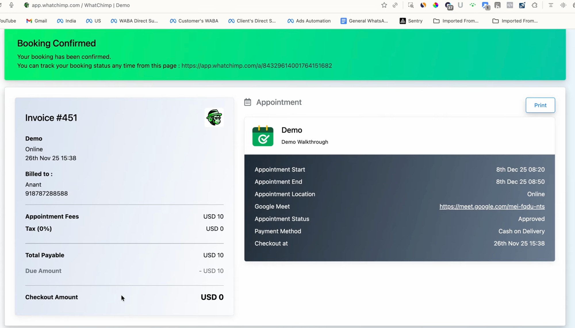 The booking confirmation and invoice page with appointment details, Google Meet link, and payment status