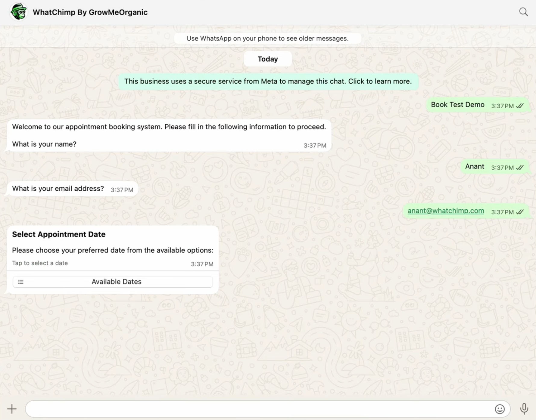 A WhatsApp chat where the booking starts and the bot asks for name and email