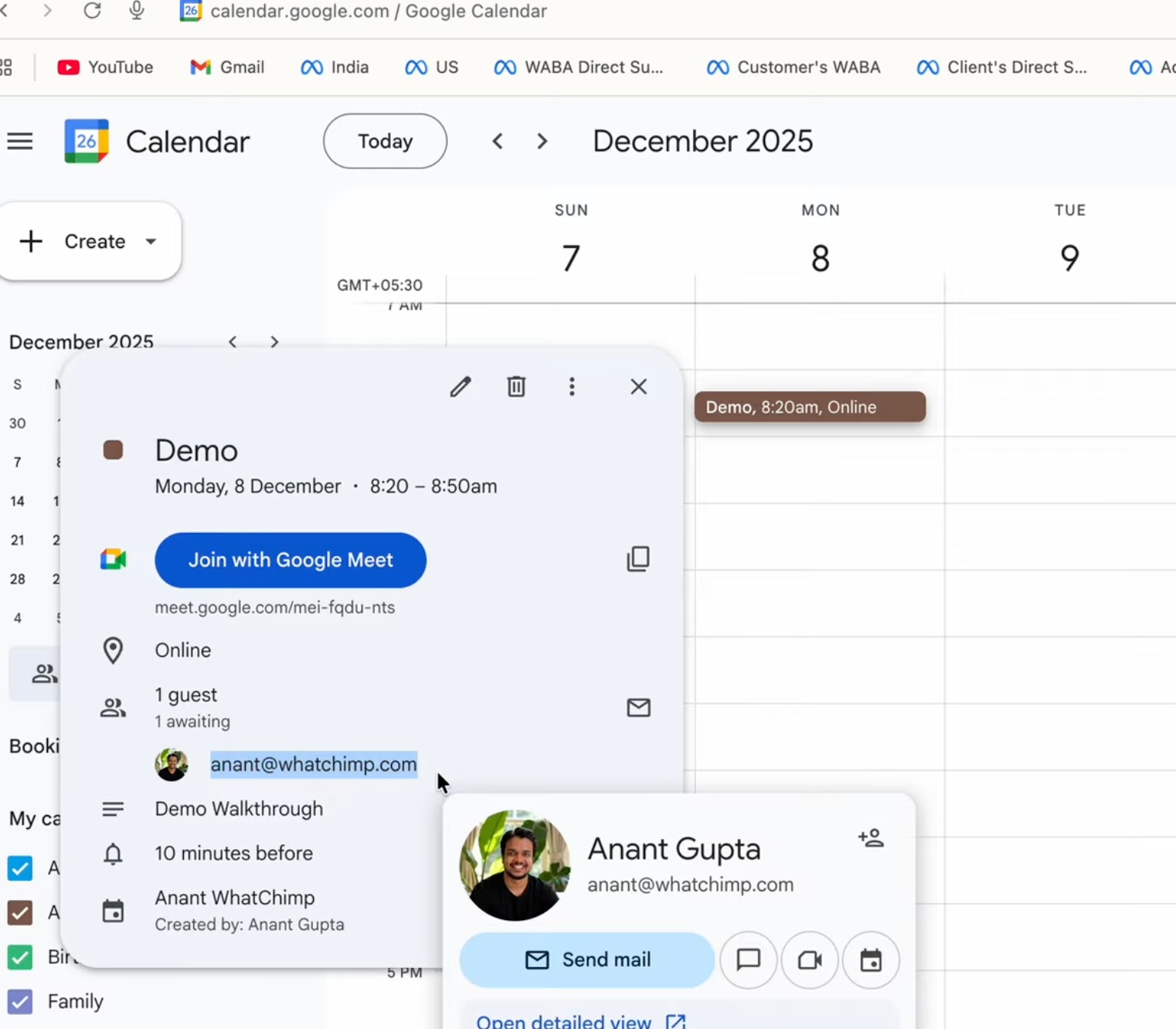 The appointment shown as an event on Google Calendar with a Join with Google Meet button