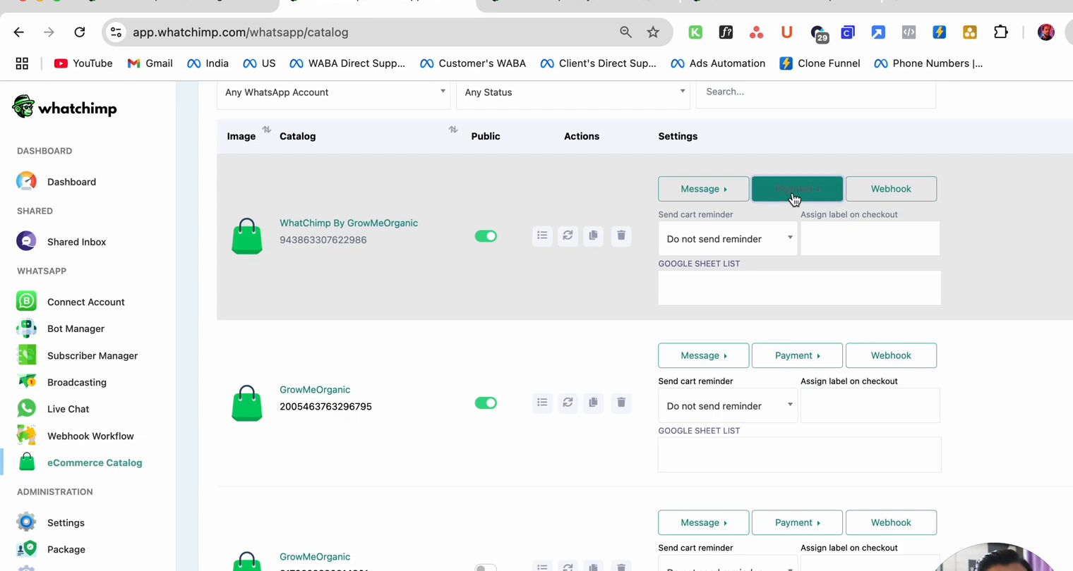 Catalog page with Message, Payment, and Webhook tabs