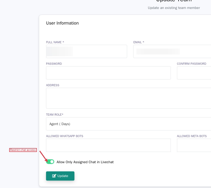 The agent edit form with the "Allow Only Assigned Chat" toggle enabled