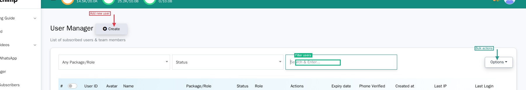 The User Manager list page showing team members with their roles and status