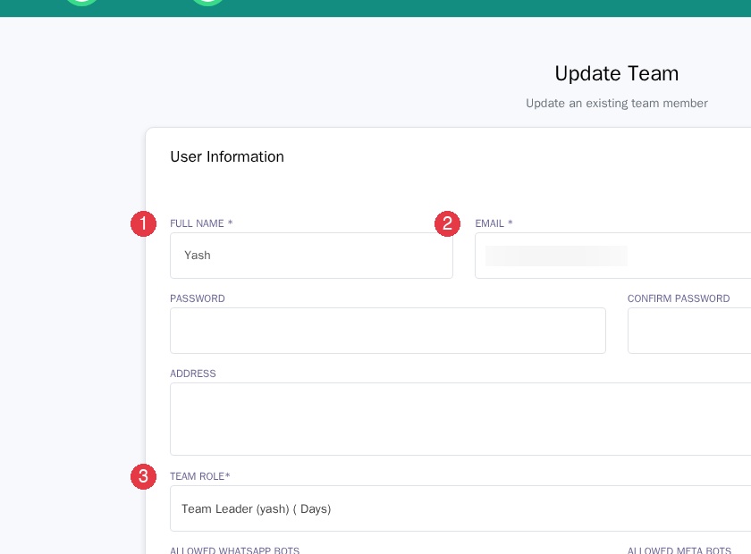 The team member edit form showing name, email, role, and channel assignment fields