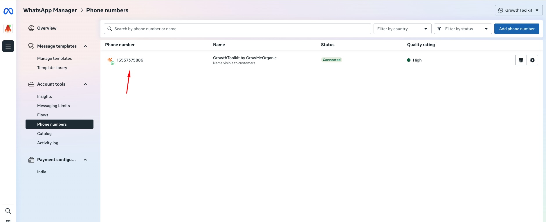 WhatsApp Manager — Phone numbers page showing your connected number