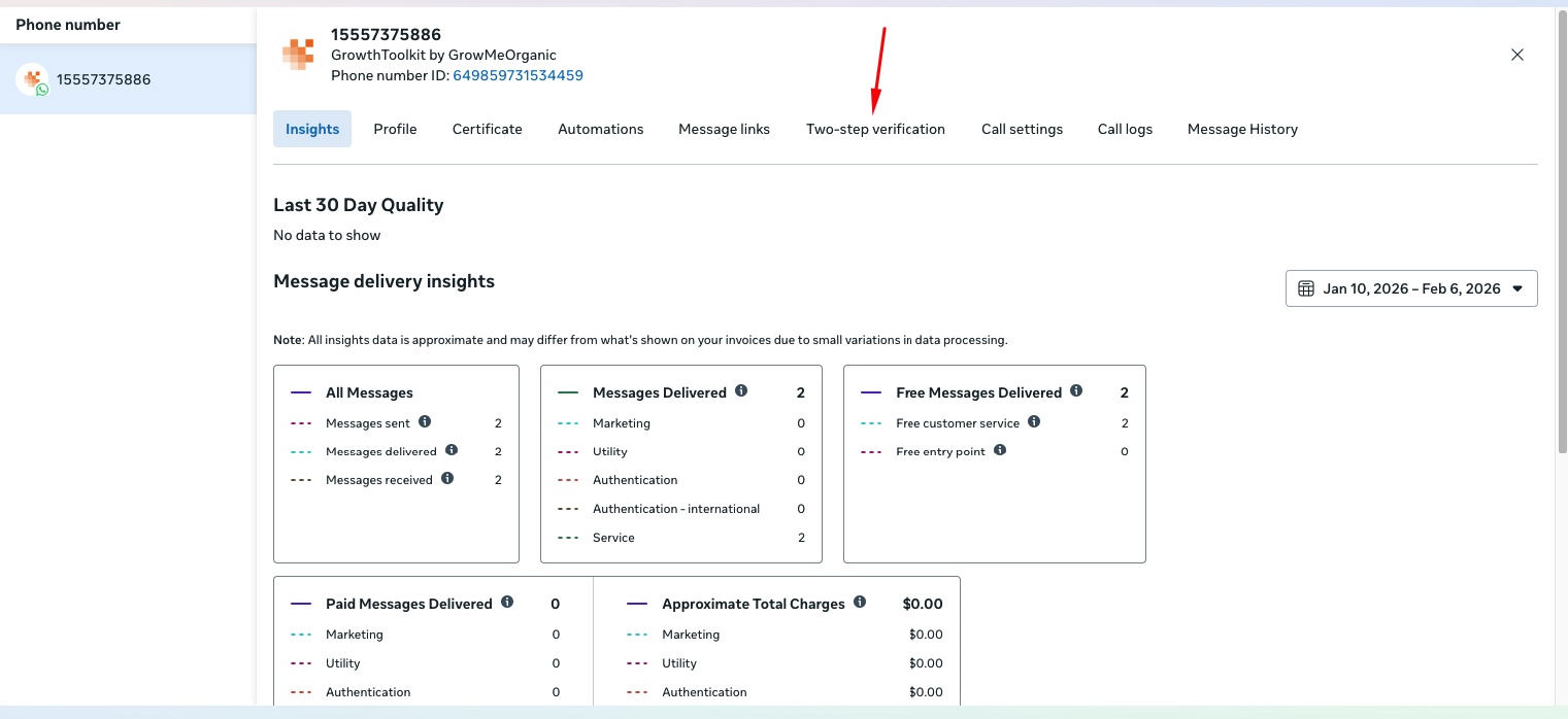 Click the Two-step verification tab from the phone number settings panel
