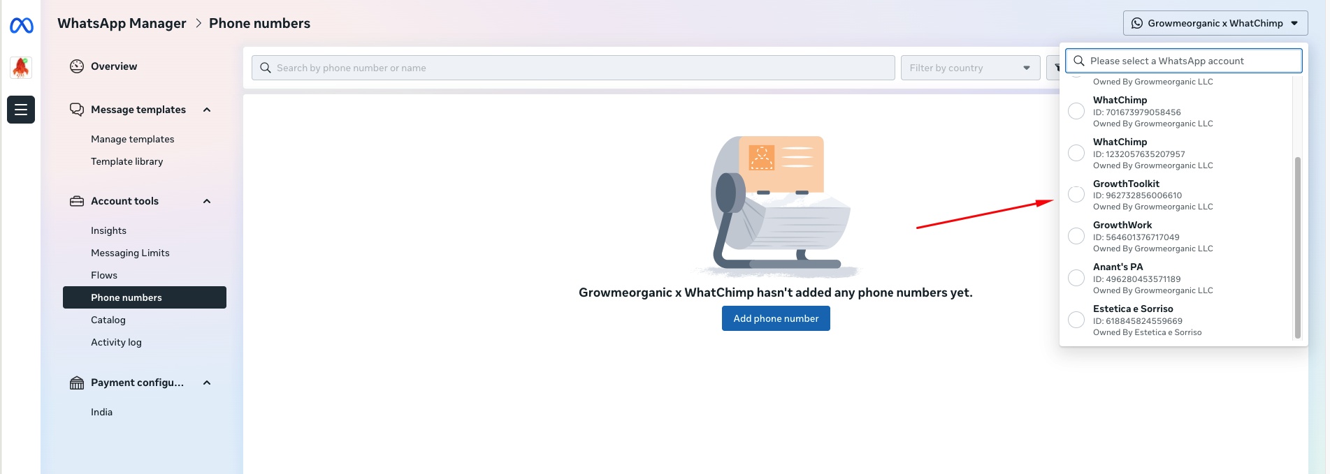 Select the correct phone number from the dropdown in the top-right corner