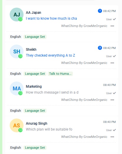 Conversations showing label tags like English, Language Set, and Talk to Human