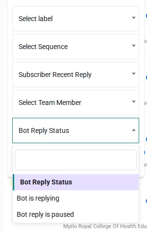 Bot Reply Status filter showing bot states
