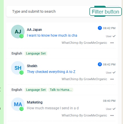 Conversation list with filter button highlighted