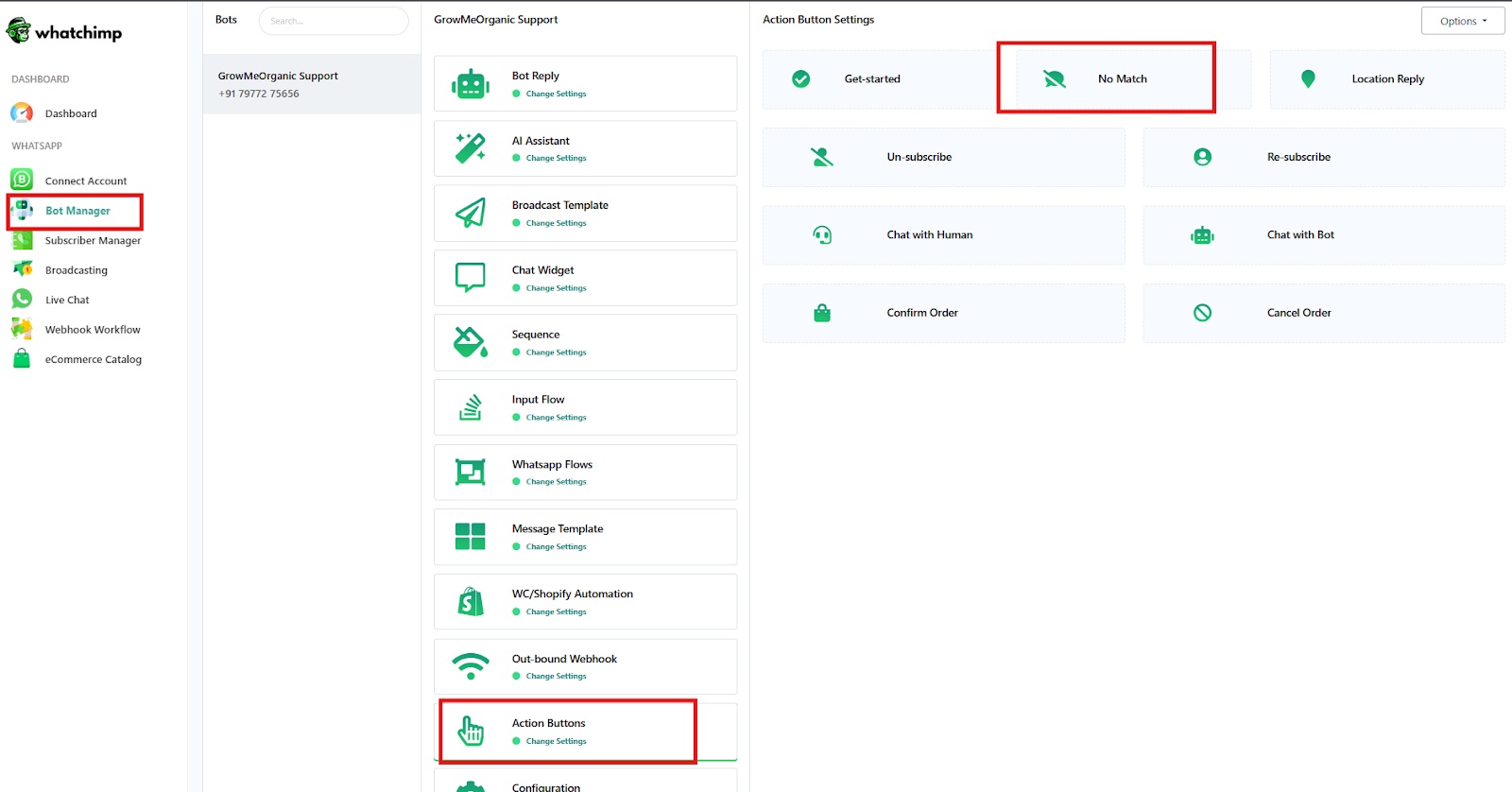 The Bot Manager Actions menu with the No Match Reply Template option
