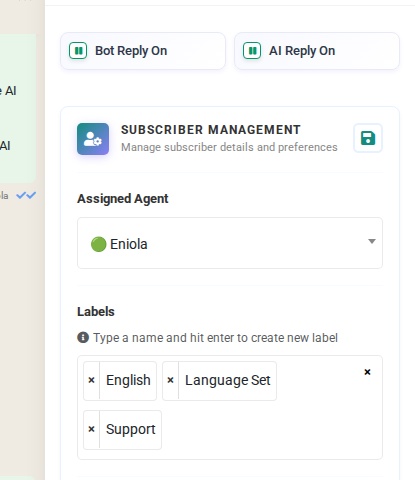 The Labels section in the actions panel showing assigned labels