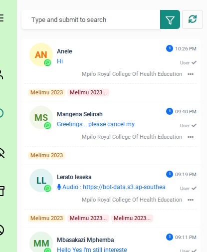 All Chats view showing conversation list with labels and timestamps
