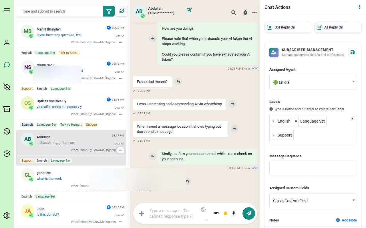 The Omnichannel Inbox showing conversations, chat area, and the actions panel