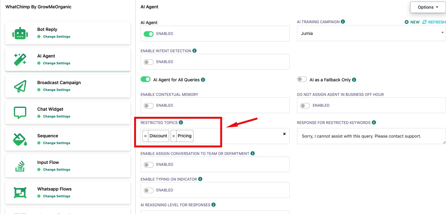 Restricted Topics with "Discount" and "Pricing" added, custom response on the right