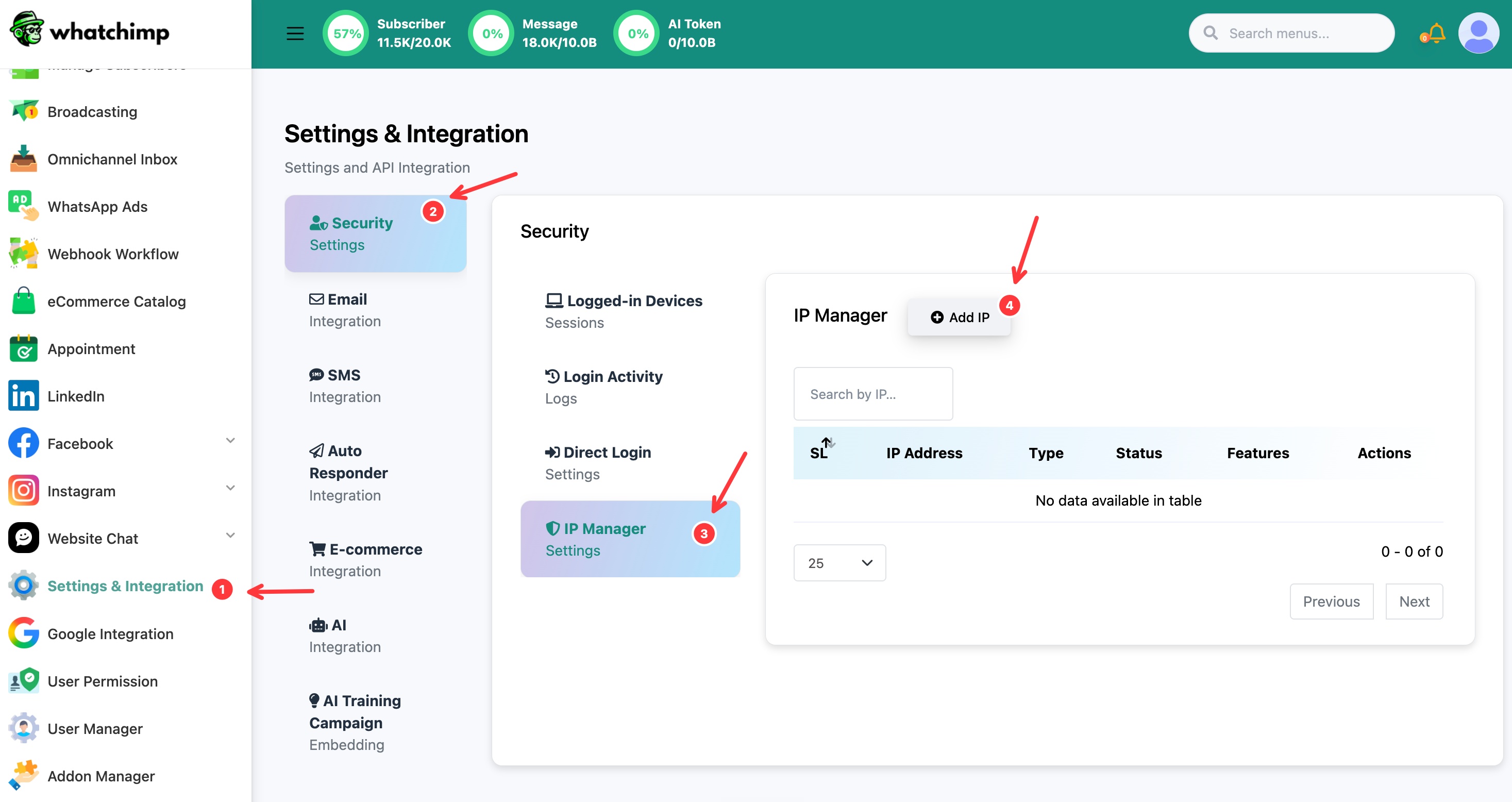Settings and Integration Security tab with IP Manager open and the Add IP button highlighted