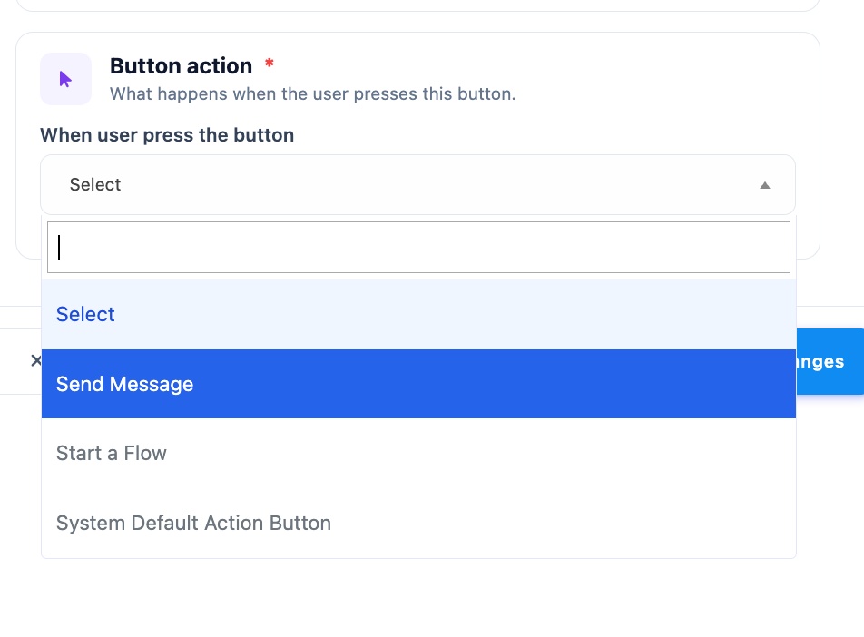 The button action dropdown with Send Message selected