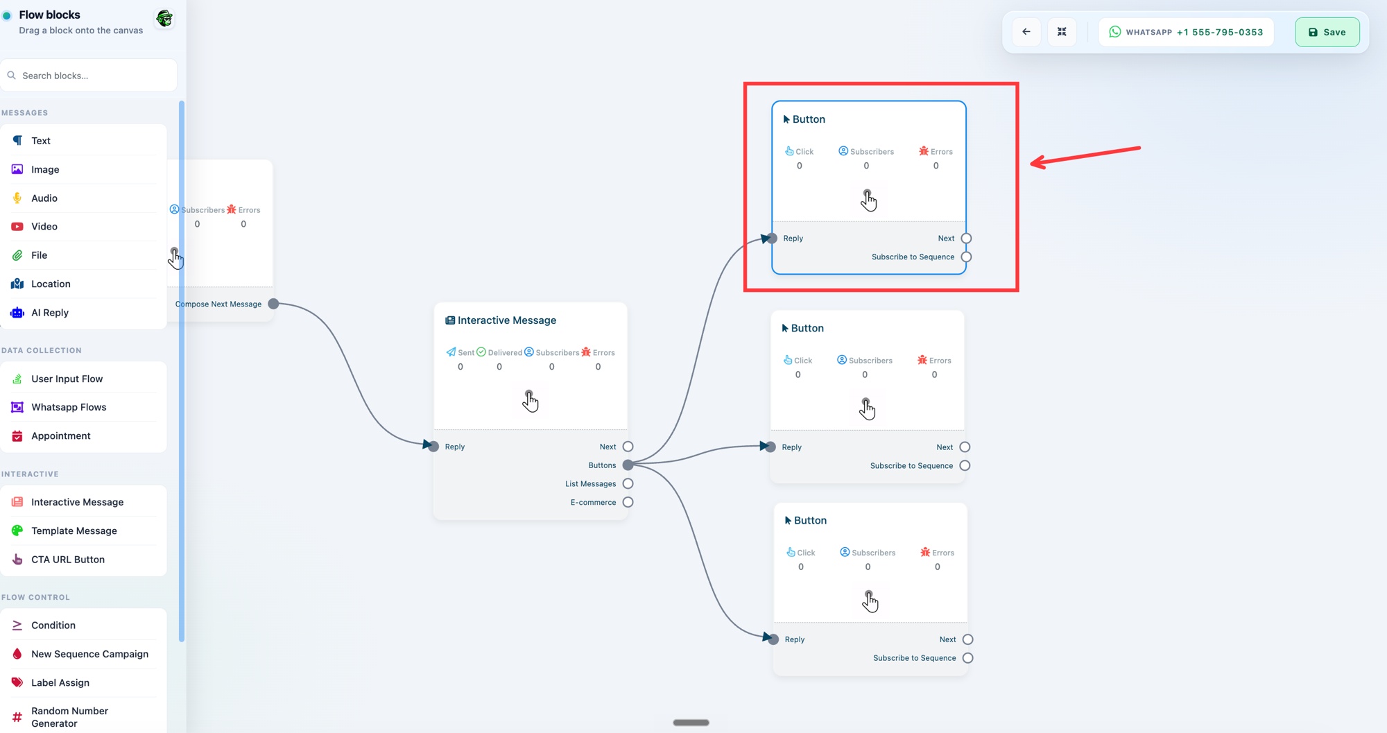 An Interactive Message connected to Button blocks in the Visual Flow Builder